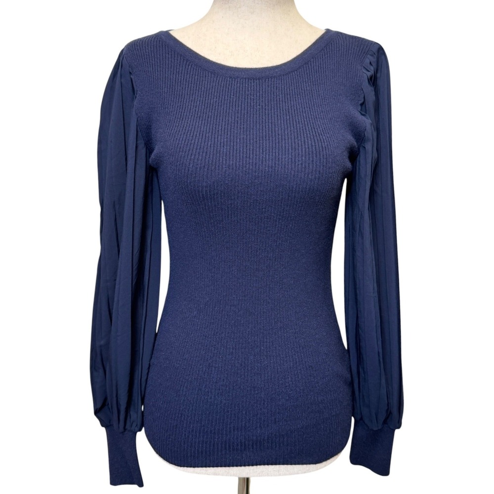 Skies Are Blue Womens Sweater XS Navy Pleated Balloon Sleeve Ribbed Knit Chic